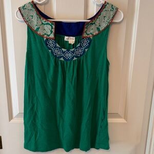Anthropologie Green Embroidered Tank